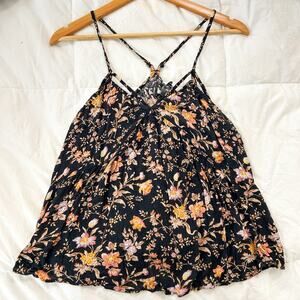 American Eagle Floral Lace Trim Strappy Cami Tank Top Boho Black EUC Size M